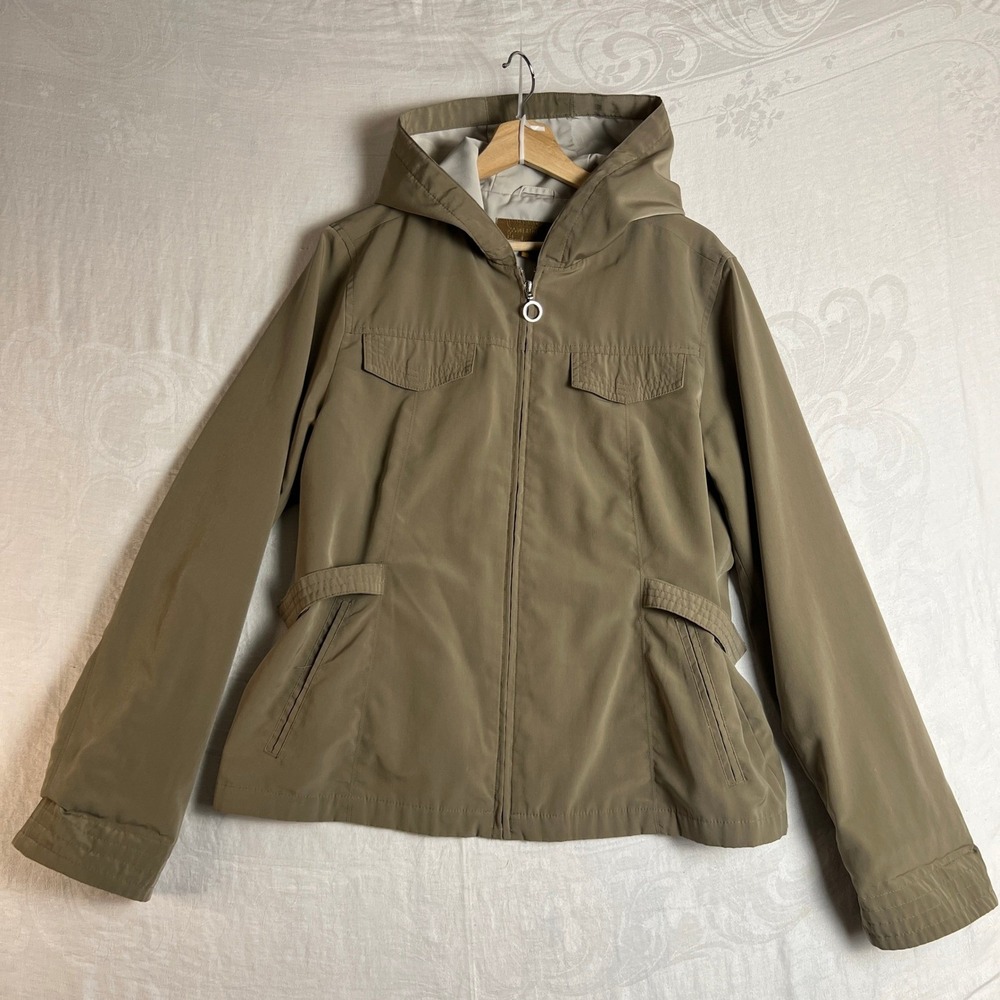 Weather Tamer Utility Jacket Womens Large Khaki Hooded  Zip Front Elegant Travel